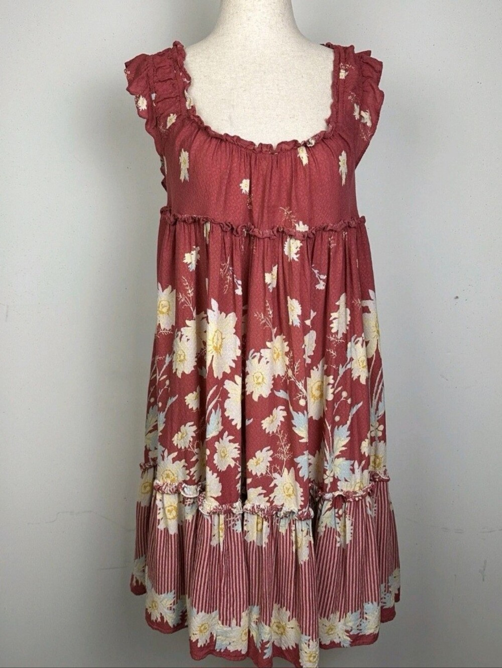 Free People Bali Wild Daisy Floral Ruffle Mini Dress Slip Red Tiered XL EUC